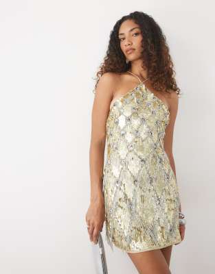 Asos Tall Asos Design Tall Diamond Pattern Fringe Halter Neck Sequin Embellished Mini Dress In Gold