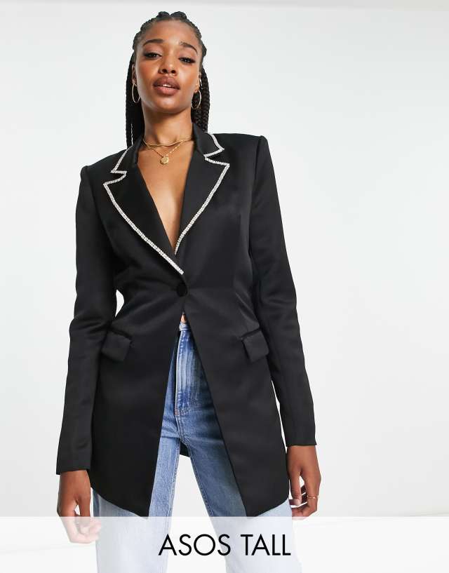 ASOS DESIGN Tall diamonte lapel structured blazer in black