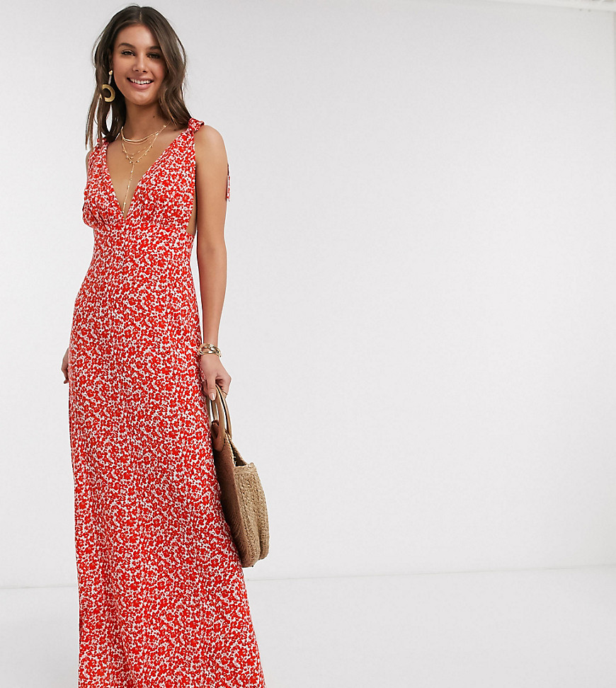 ASOS DESIGN Tall - Diepuitgesneden lange jurk met gestrikte schouders en fijne bloemenprint-Multi