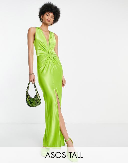 ASOS DESIGN Tall - Diepuitgesneden maxi jurk met knoop in limoen