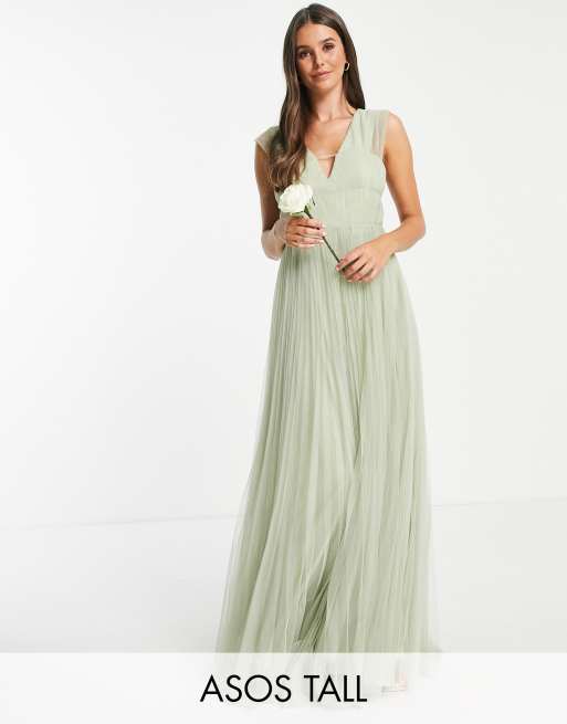 ASOS DESIGN Tall - Diepuitgesneden maxi jurk van tule met gesmokte mouwen in saliegroen