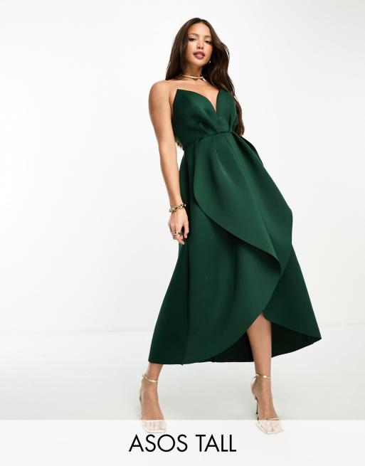 ASOS DESIGN Tall - Diepuitgesneden midi cocoon-skaterjurk met bandeau-hals in bosgroen