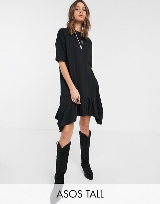 ASOS DESIGN Tall oversized smock dress with tiered dip hem in black