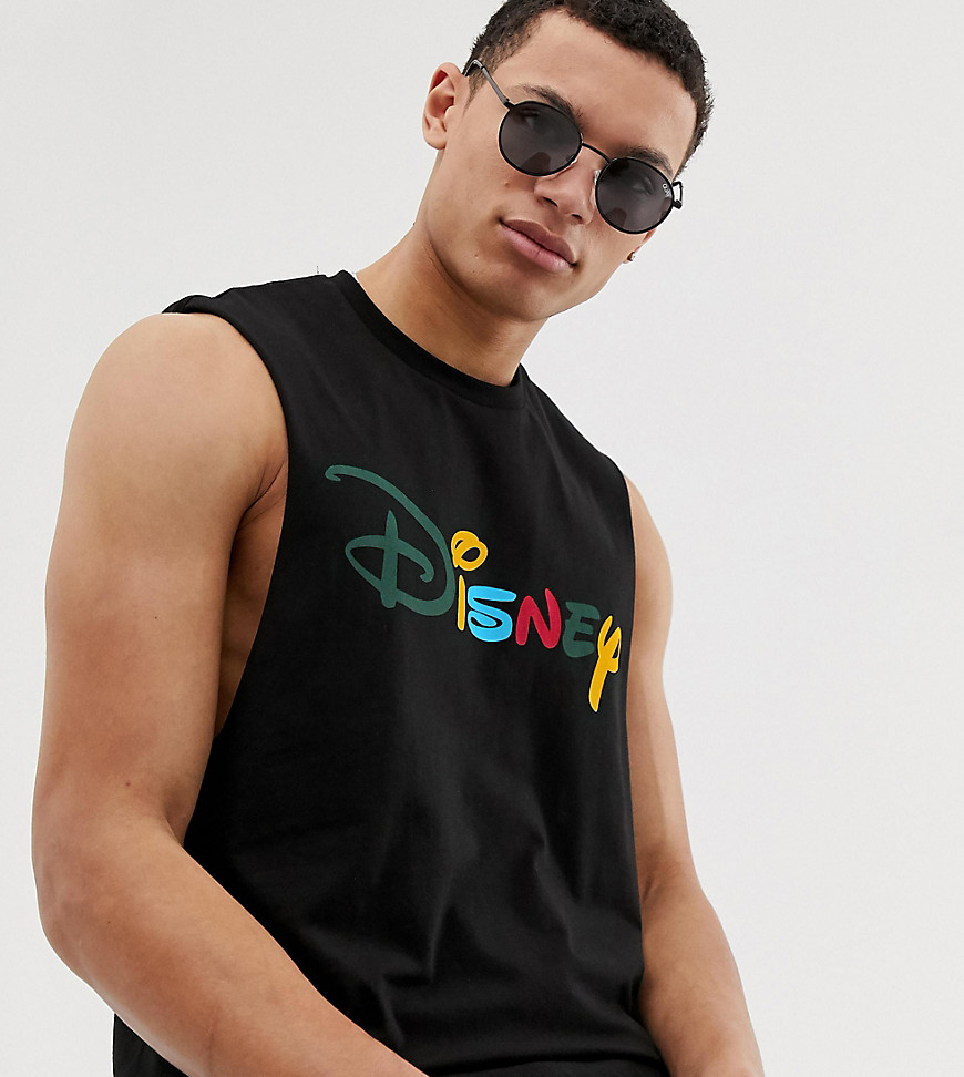 ASOS DESIGN Tall – Disney – Ärmlös t-shirt med lågt skuret ärmhål och regnbågsfärgad text-Svart