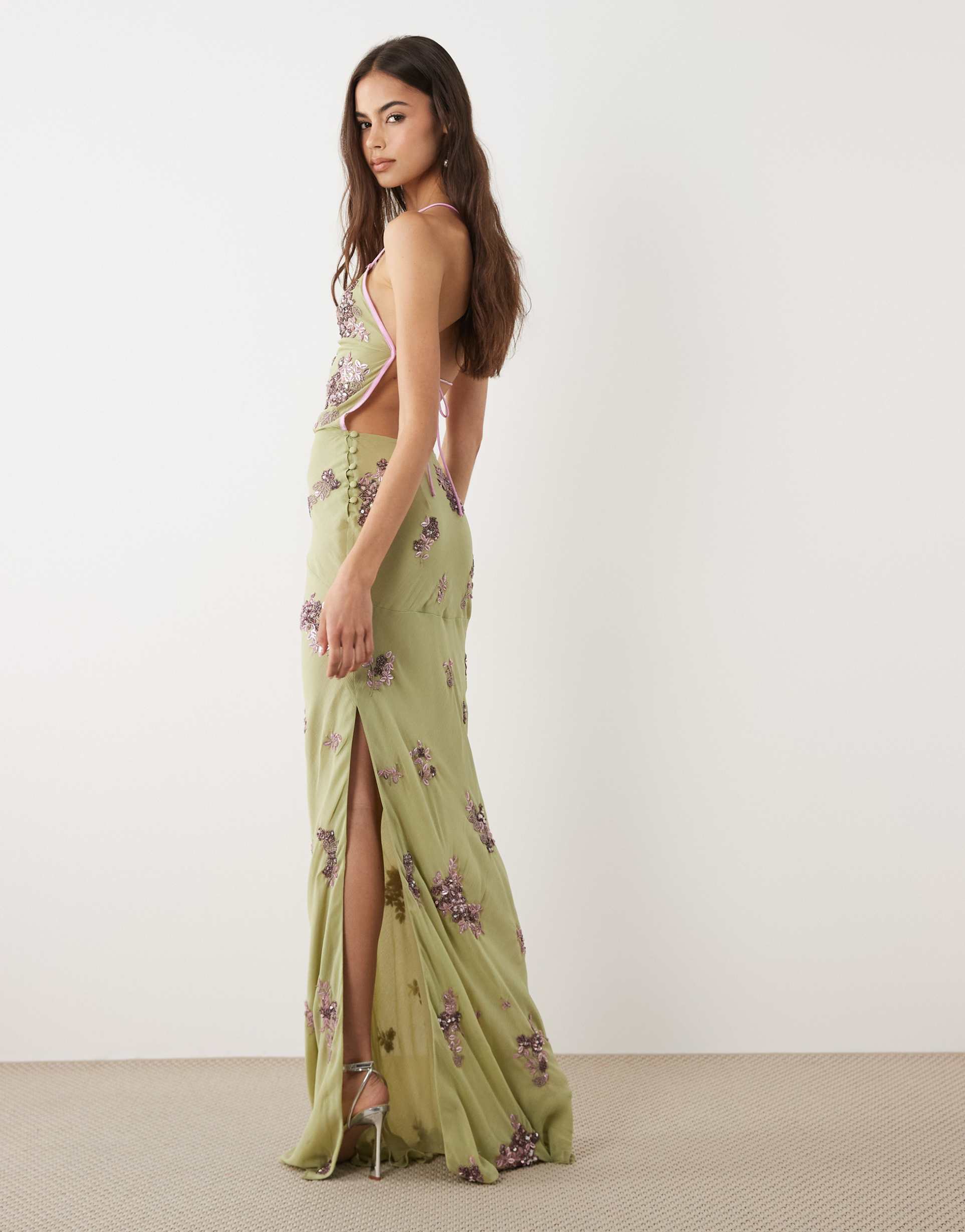 asos design tall ditsy embellished bias semi sheer chiffon maxi dress with open back in multi