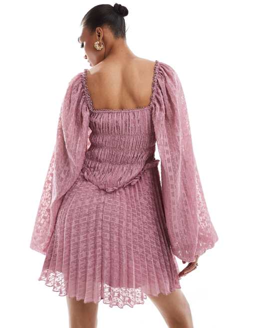 ASOS DESIGN Tall dobby milkmaid long sleeve pleated mini dress in dusky rose, 4 of 4