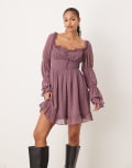 [ASOS Tall] ASOS DESIGN Tall dobby milkmaid long sleeve shirred waist mini dress in mauve-Multi 4 Mauve