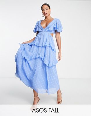 Asos Women Clothing Dresses Midi Dresses ASOS DESIGN Tall textured tiered midi dress with lace insert and open back in blue 