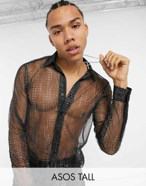 ASOS DESIGN Tall - Doorschijnend overhemd met glitterprint in zwart
