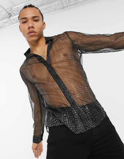ASOS DESIGN Tall - Doorschijnend overhemd met glitterprint in zwart, 2 van 4