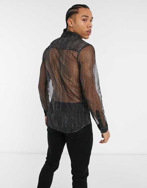 ASOS DESIGN Tall - Doorschijnend overhemd met glitterprint in zwart, 4 van 4