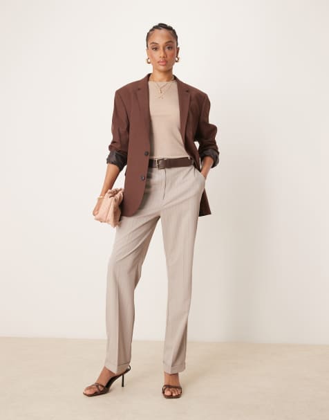 ASOS DESIGN Tall tailored slim straight trousers with belt in mink stripe