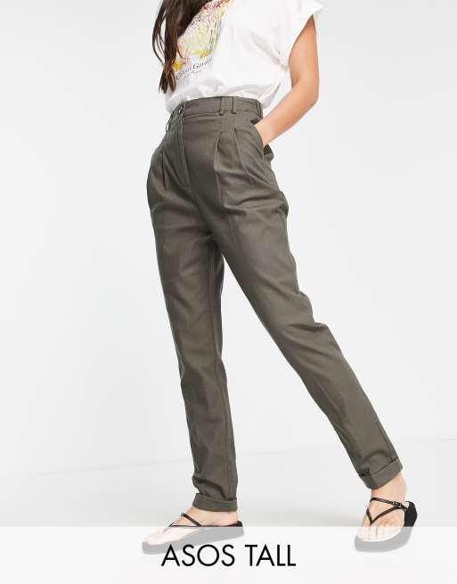 ASOS DESIGN Tall – Dopasowane spodnie typu peg w kolorze khaki z podwyższonym stanem, z domieszką lnu