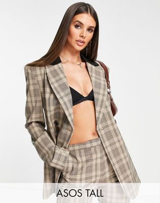 ASOS DESIGN Tall double breasted blazer in brown check