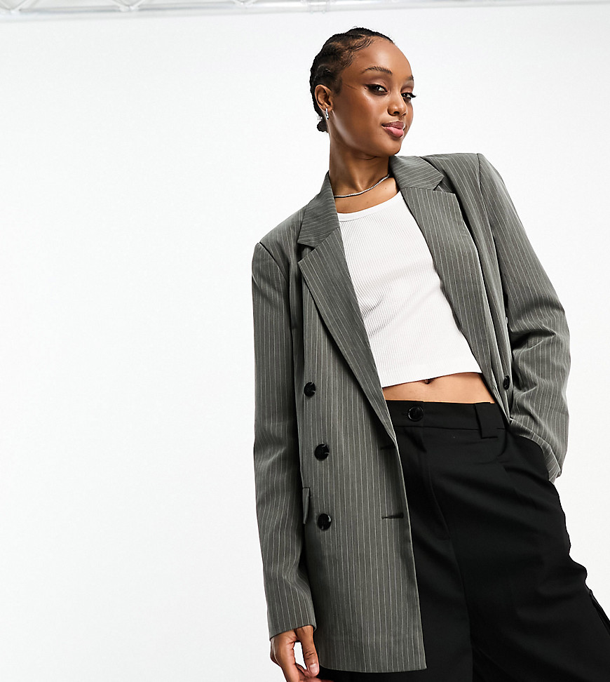 Asos Design Tall Double Breasted Blazer In Gray Pinstripe