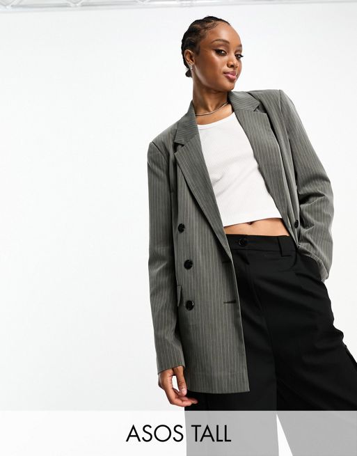 ASOS DESIGN Tall double breasted blazer in gray pinstripe