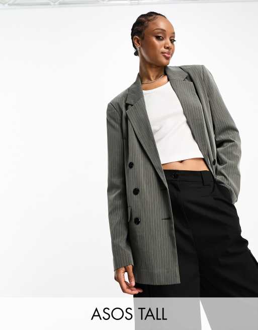 ASOS DESIGN Tall double breasted blazer in gray pinstripe ASOS