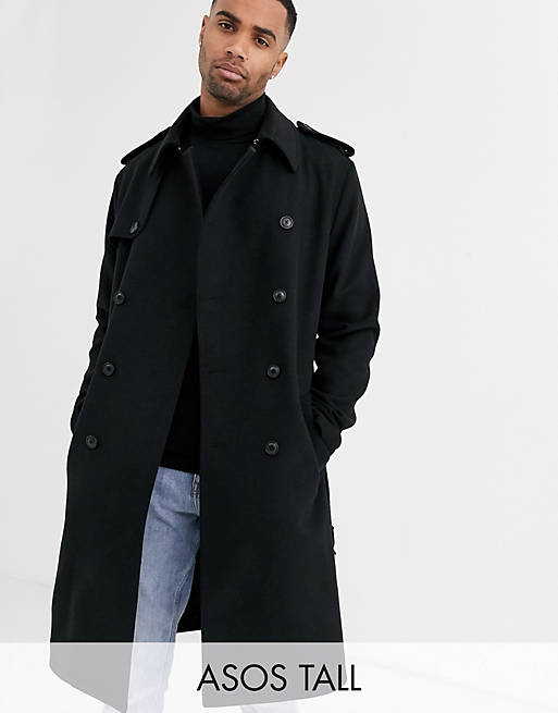 ASOS DESIGN Tall double breasted long line trench jacket in black | ASOS