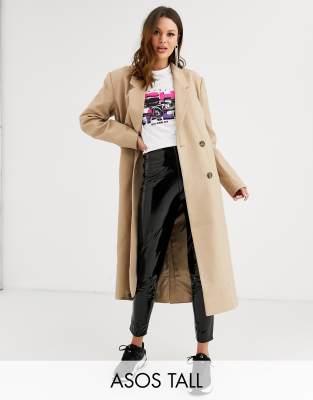 ASOS DESIGN Tall double breasted longline coat in camel-Beige