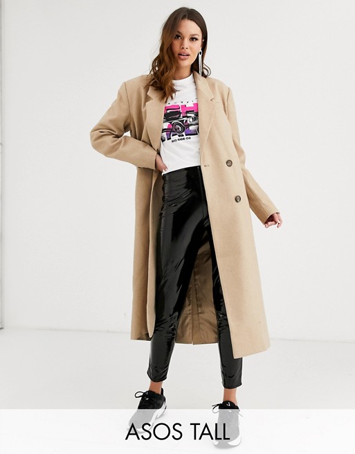 ASOS DESIGN Tall double breasted longline coat in camel | ASOS