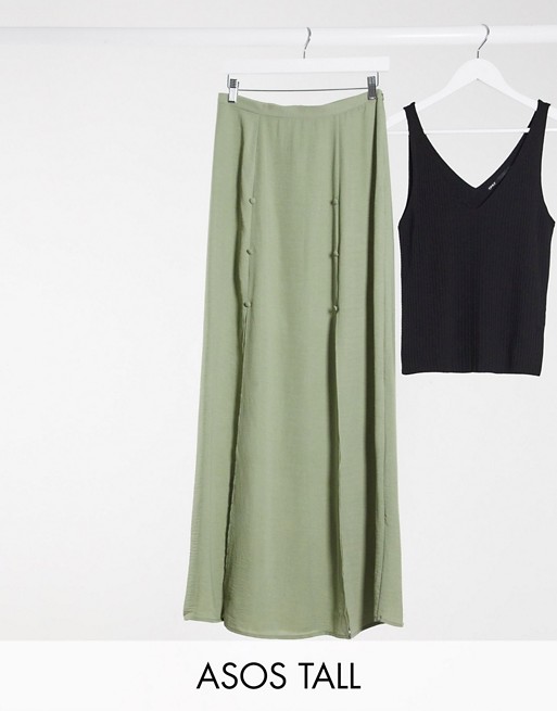 ASOS DESIGN Tall double split maxi skirt in khaki