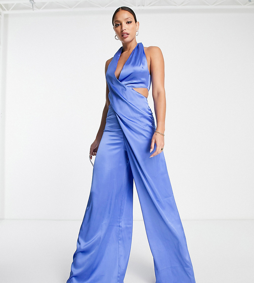 ASOS DESIGN Tall drape cross front halter jumpsuit with cut out in bright blue