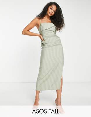 Asos Tall Asos Design Tall Drape Neck Open Back Seersucker Midi Dress In Sage-green