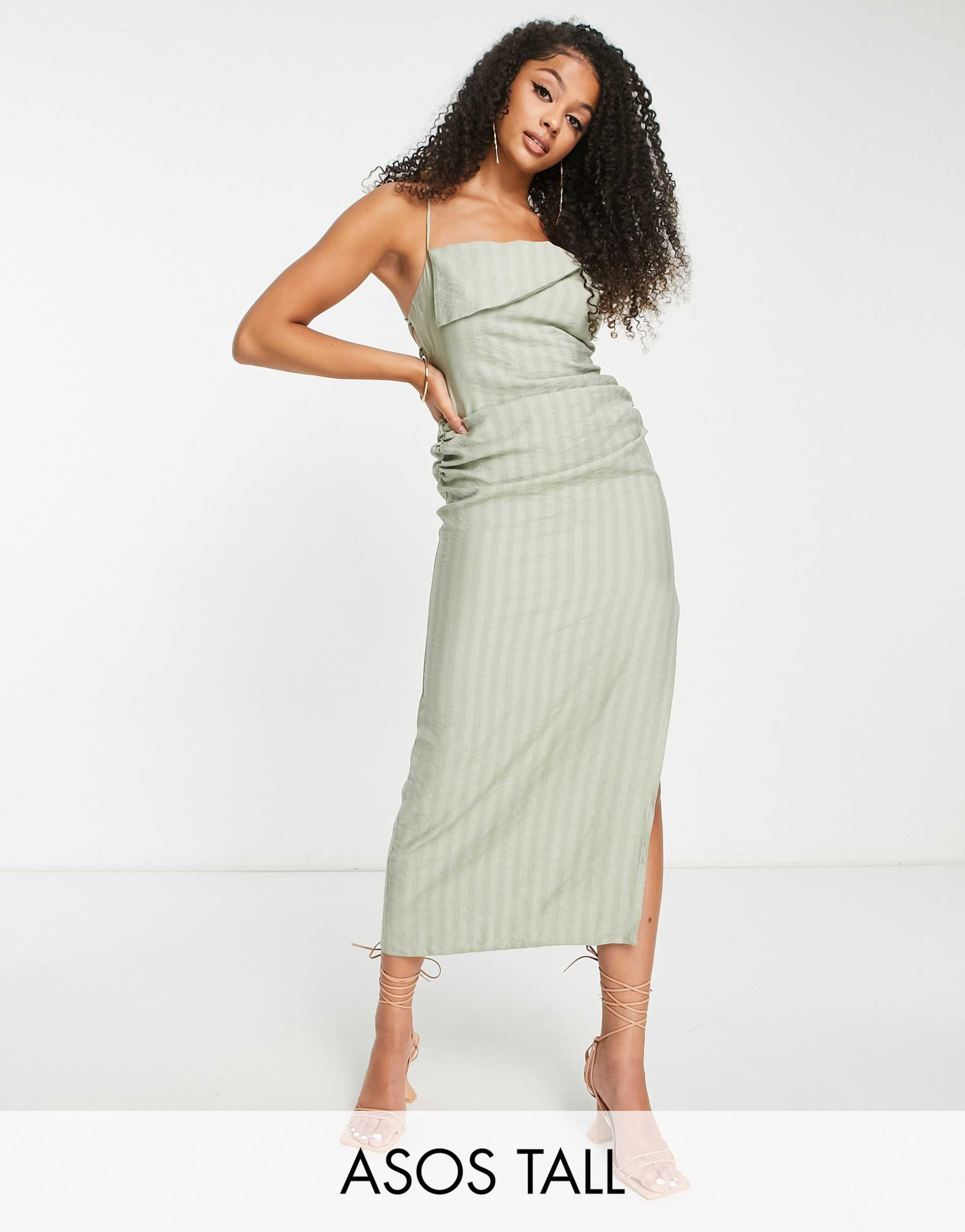 asos design tall drape neck open back seersucker midi dress in sage