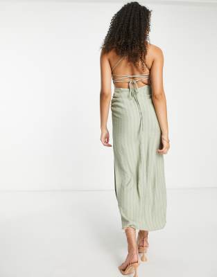 asos design tall drape neck open back seersucker midi dress in sage