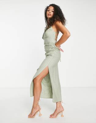 asos design tall drape neck open back seersucker midi dress in sage