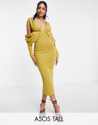 Asos Women Clothing Dresses V-Neck Dresses ASOS DESIGN Tall drape sleeve plunge neck pencil dress in olive 