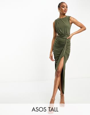 ASOS DESIGN Tall draped midi dress with invisible mesh in khaki-Green