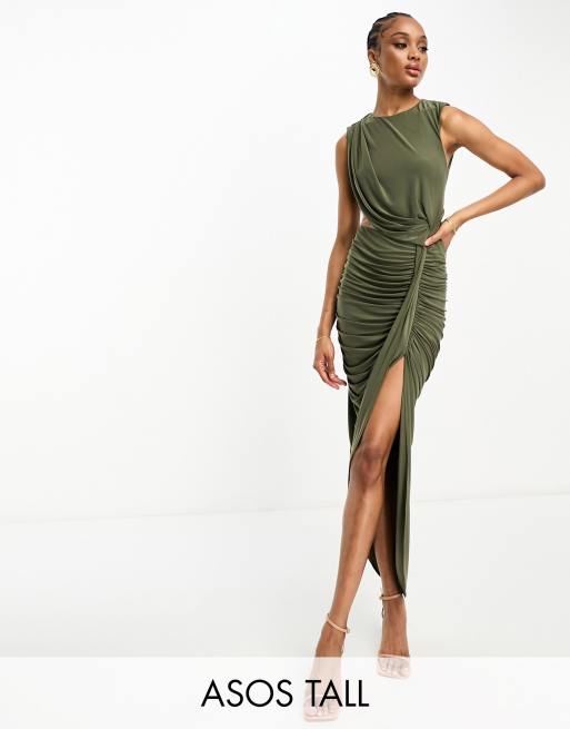 ASOS DESIGN Tall draped midi dress with invisible mesh in khaki