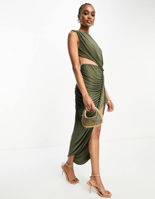 khaki mesh dress boohoo Women's Mesh Ruched Twist Detail Mini Dress in Khaki