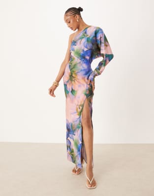 ASOS DESIGN Tall - Drapiertes Midaxikleid mit Blumenmuster in Dunkelgrün und One-Shoulder-Träger