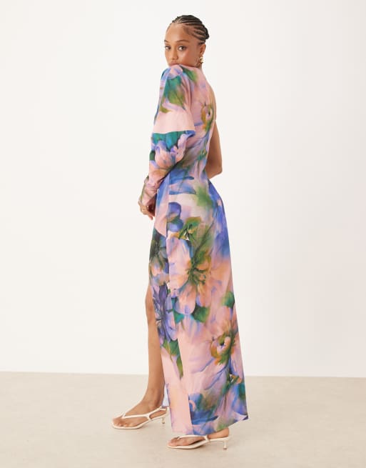ASOS DESIGN Tall – Drapiertes Midaxikleid mit Blumenmuster in Dunkelgrün und One-Shoulder-Träger, 2 von 4