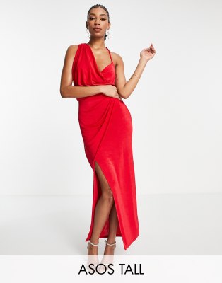 ASOS DESIGN Tall - Drapiertes Midi-Trägerkleid in Rot mit Wickeldesign, Riemchenträger und Faltendetail