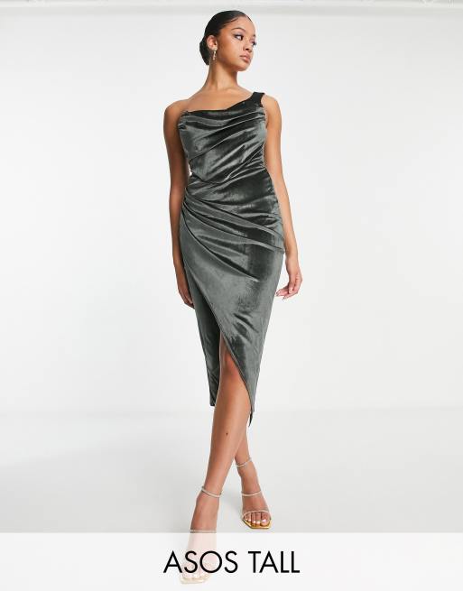 ASOS DESIGN Tall – Drapiertes Midikleid aus Samt in Khaki mit One-Shoulder-Träger und Korsettdetail