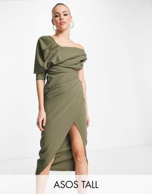 ASOS DESIGN Tall - Drapiertes Midikleid in Khaki mit gerafftem Oberteil und Zierausschnitt-Grün