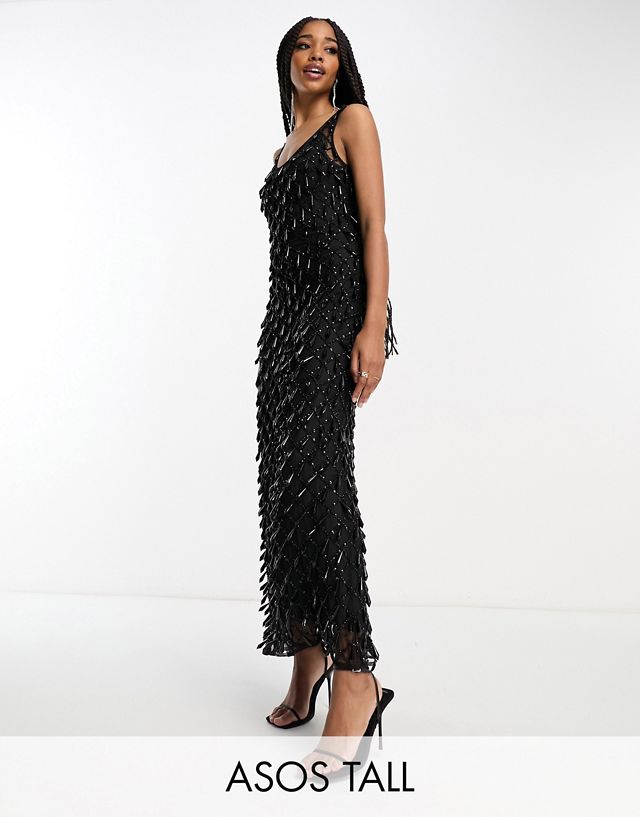 ASOS DESIGN Tall dripped jewel embellished midi dress in black