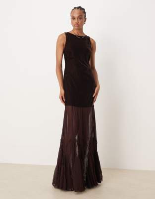 Asos Tall Asos Design Tall Dropped Waist Velvet Maxi Dress With Sheer Godet Skirt In Brown