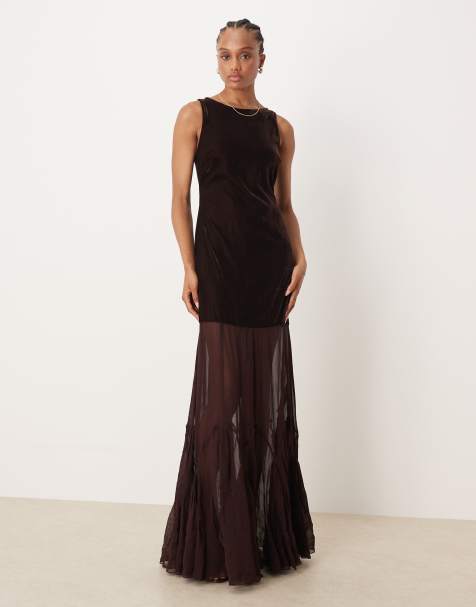 ASOS DESIGN Tall dropped waist velvet maxi dress with sheer godet skirt in brown - view 1