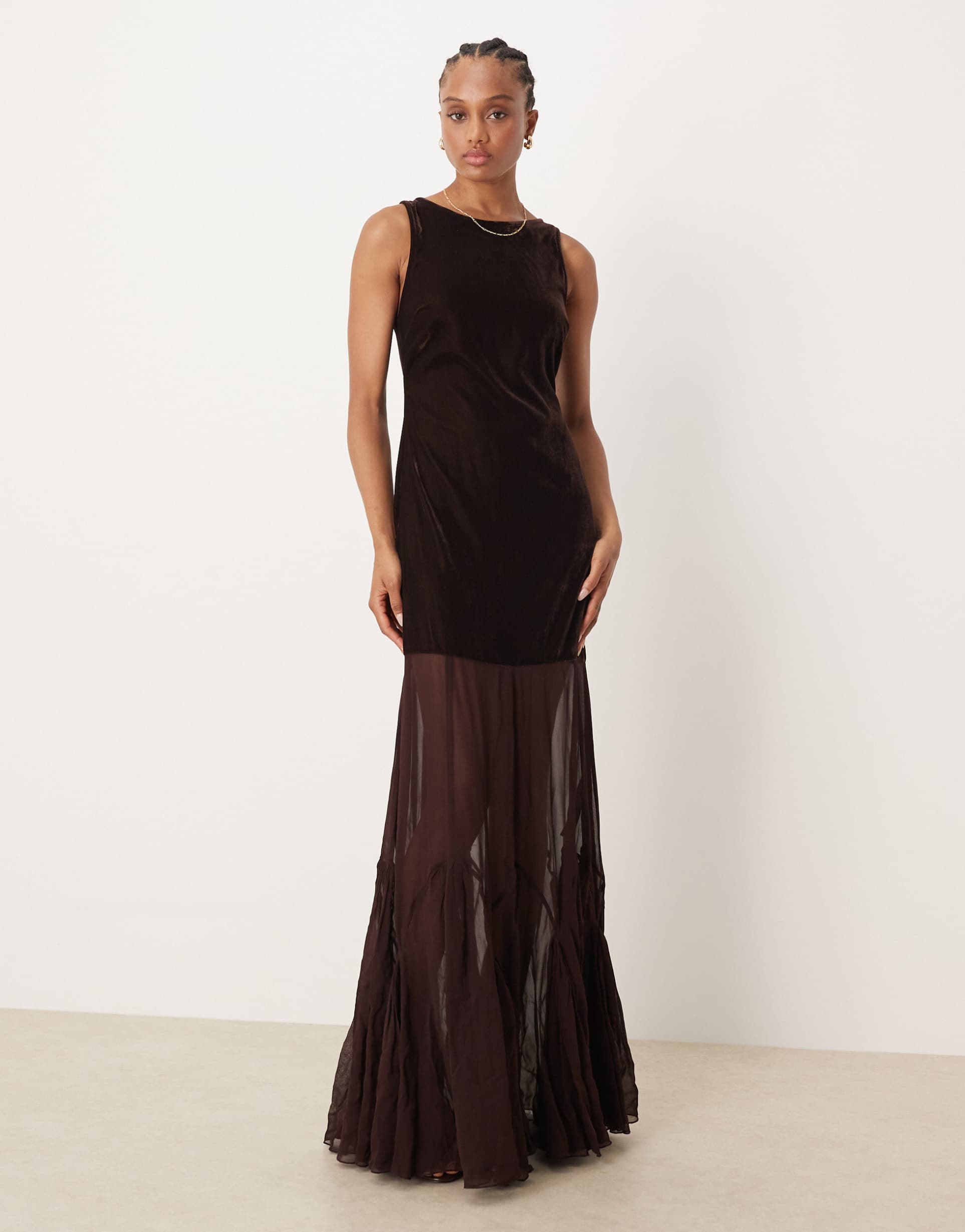 asos design tall dropped waist velvet maxi dress with sheer godet skirt in brown