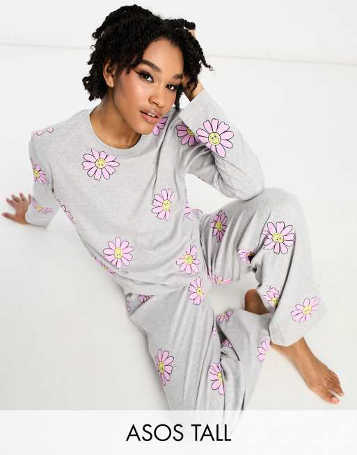 ASOS DESIGN Tall – Długa piżama z topem z długimi rękawami i spodniami w szarym melanżowym kolorze we wzór w kwiaty