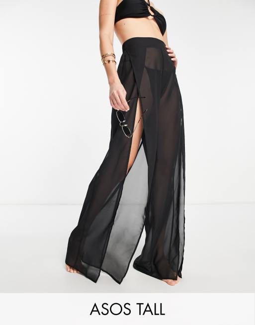 ASOS DESIGN Tall – Durchscheinende Strandhose in Schwarz mit weitem Bein und geteilter Vorderseite