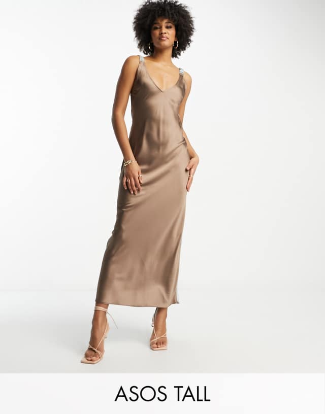 ASOS DESIGN Tall elasticated back satin slip midi dress in mocha and gray color block