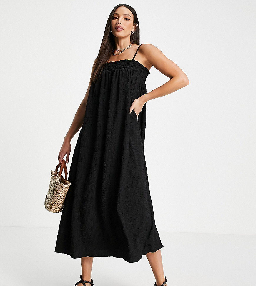ASOS DESIGN Tall elasticated bodice textured slip maxi swing dress in black