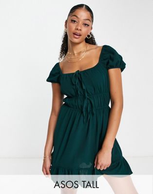 ASOS DESIGN Tall elasticated channel babydoll mini dress in bottle green - ASOS Price Checker