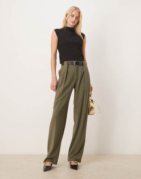 ASOS DESIGN Tall - Elegante broek met rechte pijpen, hoge taille en riem in kaki - view 1