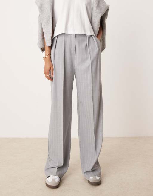 ASOS DESIGN Tall tailored wide leg trousers with pleat detail in grey stripe